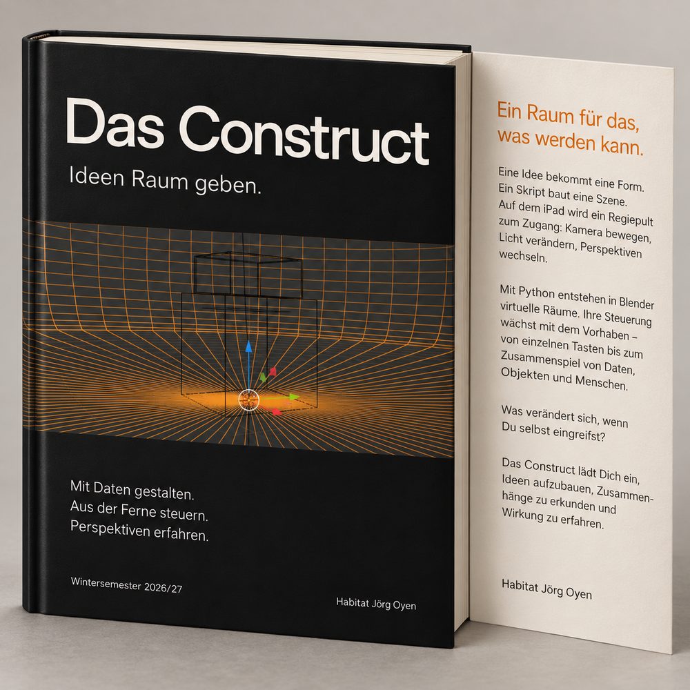 Buchmockup «Das Construct – Ideen Raum geben.» Auf dem Cover ein Cube in einer orange gerasterten 360°-Hohlkehle, daneben ein Klappentext «Ein Raum für das, was werden kann.»