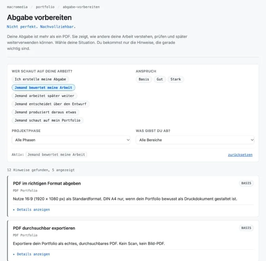 Web-App «Abgabe vorbereiten – Nicht perfekt. Nachvollziehbar.»: Auswahl «Wer schaut auf deine Arbeit?» mit «Jemand bewertet meine Arbeit» aktiv, darunter die ersten passenden Hinweise wie «PDF im richtigen Format abgeben».