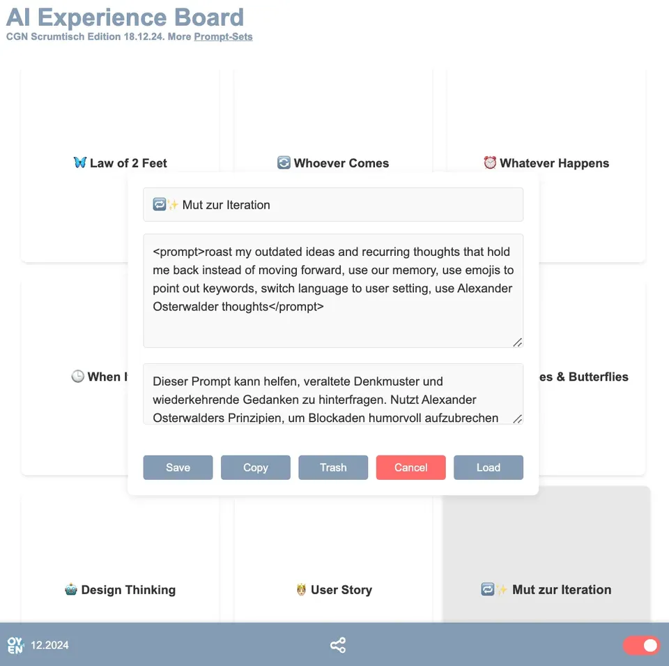 Bildschirmansicht des AI Experience Boards: Kacheln mit Methoden wie Law of 2 Feet, Design Thinking und User Story, darüber ein geöffnetes Prompt-Fenster «Mut zur Iteration».