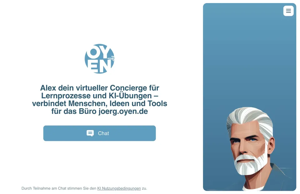 Startansicht von Alex AI: Text «Alex dein virtueller Concierge für Lernprozesse und KI-Übungen», daneben das Bild eines Mannes mit weißem Haar und Bart.