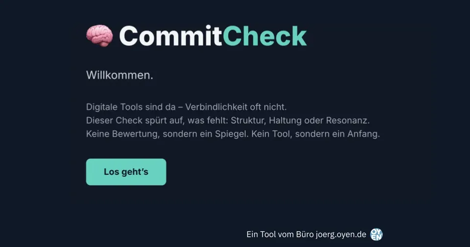 Startbildschirm von CommitCheck auf dunklem Grund mit dem Knopf «Los geht's».