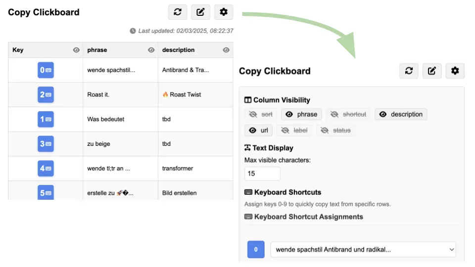 Zwei Ansichten der Browser-Erweiterung Copy Clickboard: Tabelle mit Textbausteinen und Einstellungen für Spalten und Tastenkürzel.