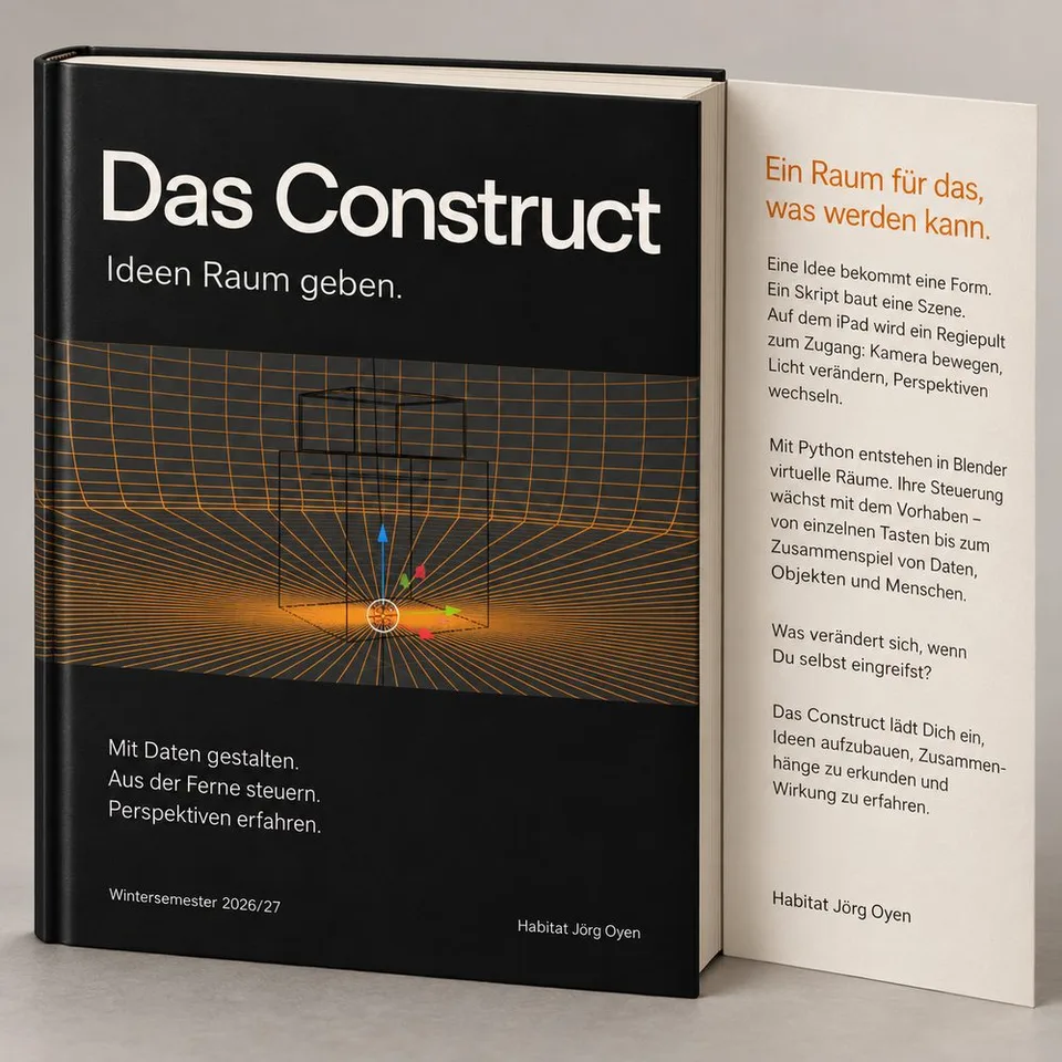 Buchmockup «Das Construct – Ideen Raum geben.» Auf dem Cover ein Cube in einer orange gerasterten 360°-Hohlkehle, daneben ein Klappentext «Ein Raum für das, was werden kann.»