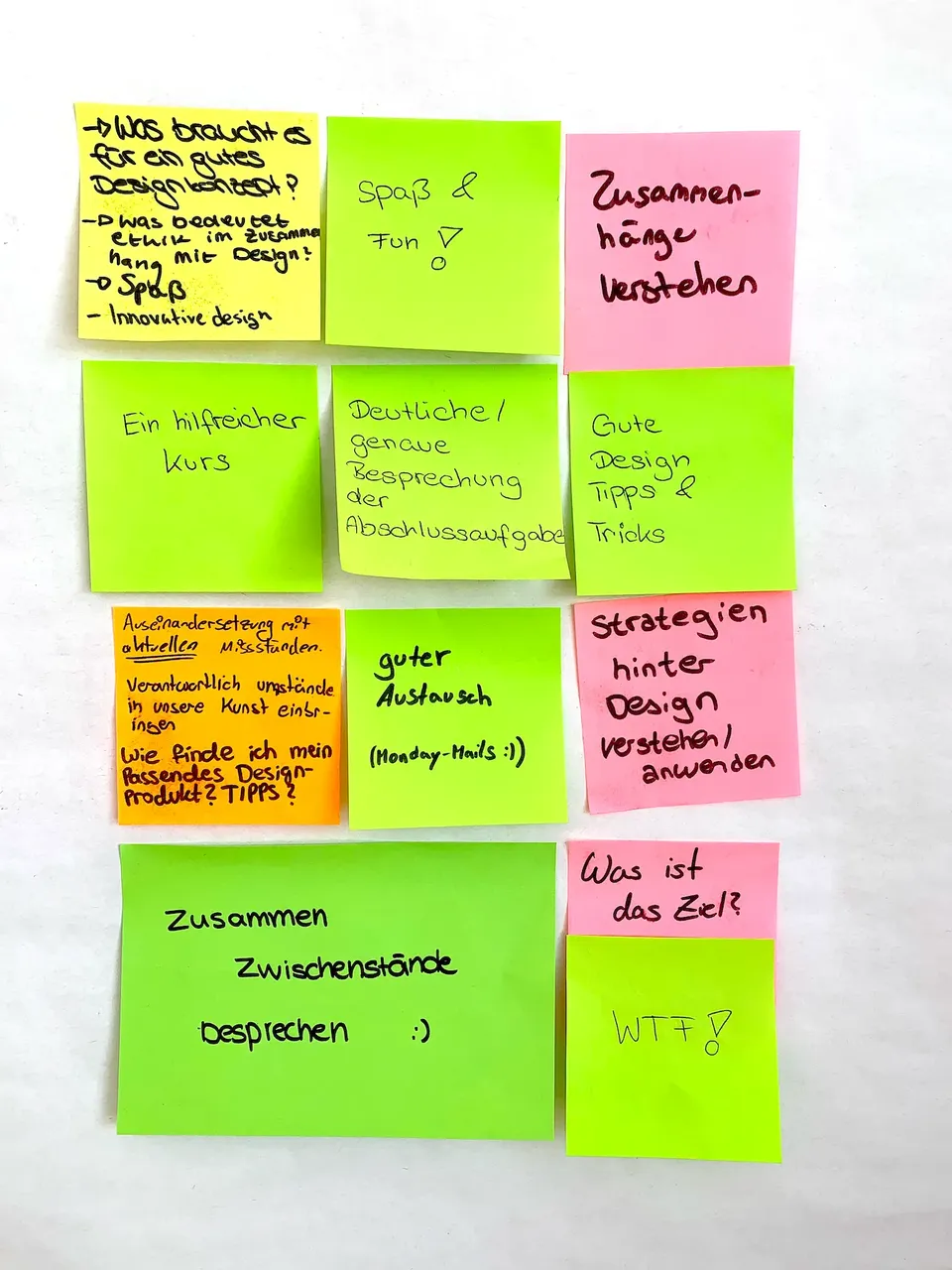 Handbeschriebene gelbe, grüne und pinke Post-its an einer Wand, unter anderem «Zusammenhänge verstehen» und «Was ist das Ziel?».