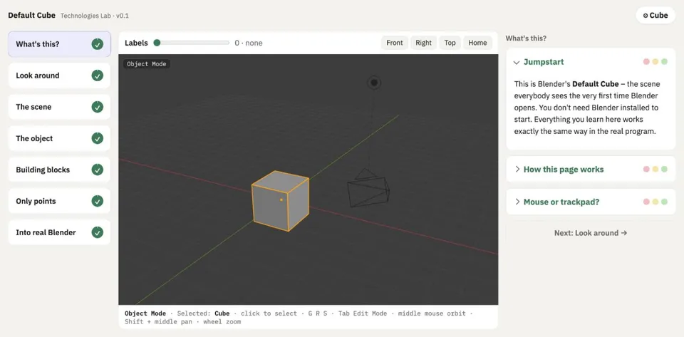 Default Cube im Browser: links sieben Lernschritte von «What's this?» bis «Into real Blender», in der Mitte die 3D-Szene mit ausgewähltem Würfel, rechts die Erklärung «Jumpstart».