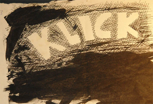 Pinselzeichnung: das Wort «KLICK» in hellen Buchstaben, ausgespart aus breiten schwarzen Pinselstrichen auf Papier.