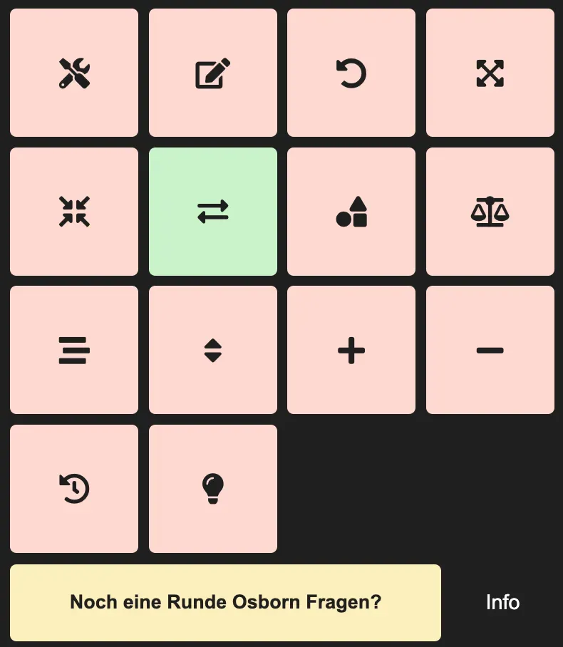 App mit rosa Symbolkacheln für die Osborn-Fragen und dem Knopf «Noch eine Runde Osborn Fragen?».