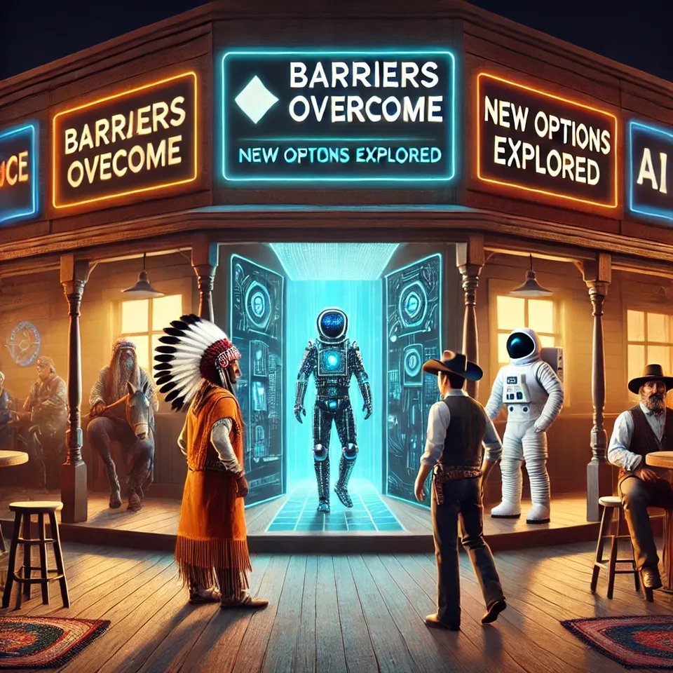 KI-generiertes Bild: Eine Astronautin tritt durch eine leuchtende Tür in einen Western-Saloon, daneben ein Cowboy und eine Figur mit Federschmuck; Neonschilder «Barriers overcome» und «New options explored».