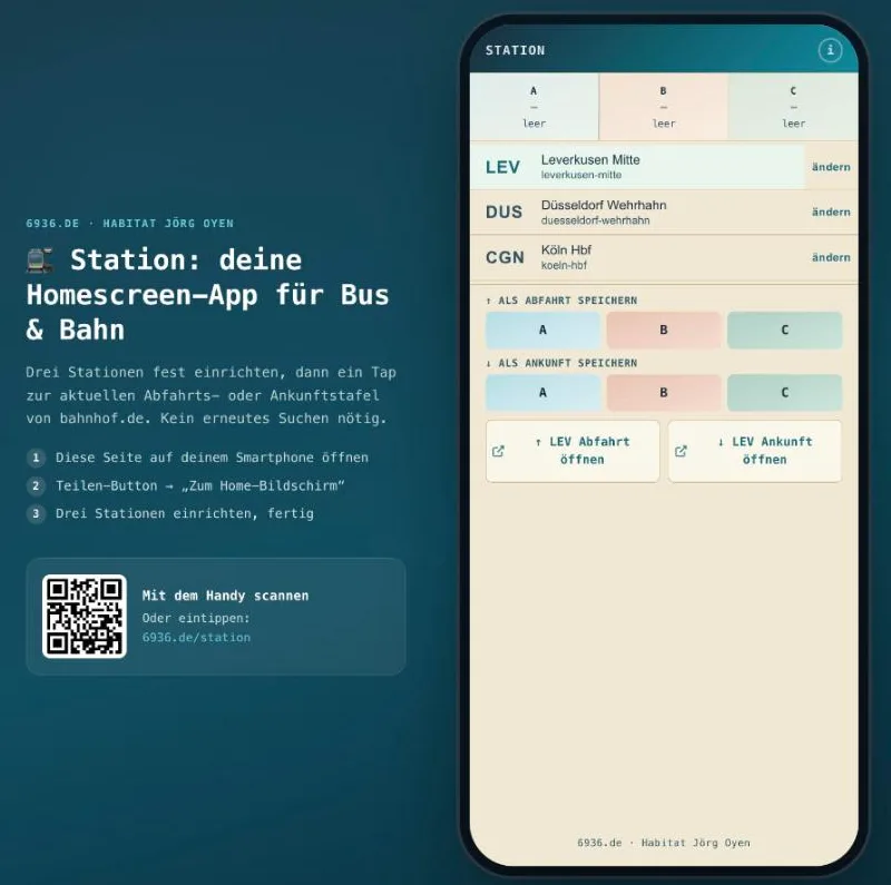 Startseite von Station: links die Anleitung in drei Schritten mit QR-Code, rechts ein Smartphone mit den gespeicherten Haltestellen Leverkusen Mitte, Düsseldorf Wehrhahn und Köln Hbf.