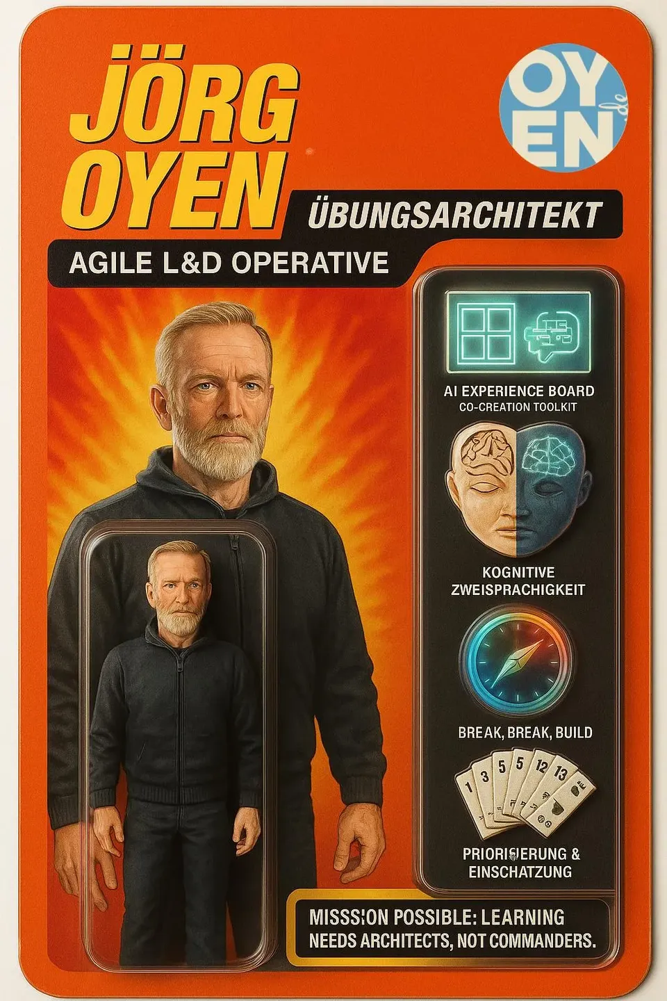 Figur im Stil einer Actionfigur-Verpackung: Jörg Oyen als «Übungsarchitekt – Agile L&D Operative» mit Zubehör wie AI Experience Board und Bend, Break, Build.